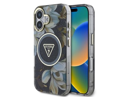 Guess IML Glitter Magnolia and Triangle Logo MagSafe Zadní Kryt pro iPhone 16 Black