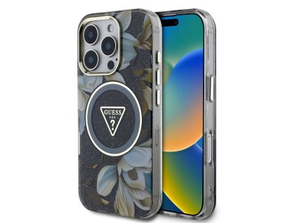 Guess IML Glitter Magnolia and Triangle Logo MagSafe Zadní Kryt pro iPhone 16 Pro Max Black