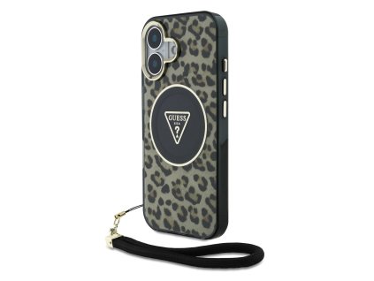 Guess IML Leopard Triangle Logo Strap MagSafe Zadní Kryt pro iPhone 16 Brown
