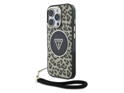 Guess IML Leopard Triangle Logo Strap MagSafe Zadní Kryt pro iPhone 16 Pro Max Brown