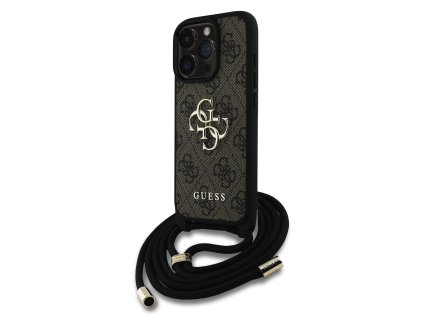 Guess PU 4G Metal Logo Crossbody Popruh Zadní Kryt pro iPhone 15 Pro Brown