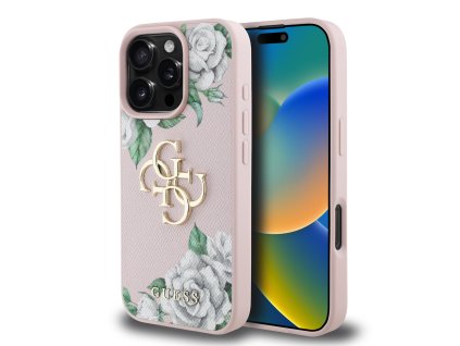 Guess PU Grained Roses 4G Metal Logo Zadní Kryt pro iPhone 16 Pro Pink