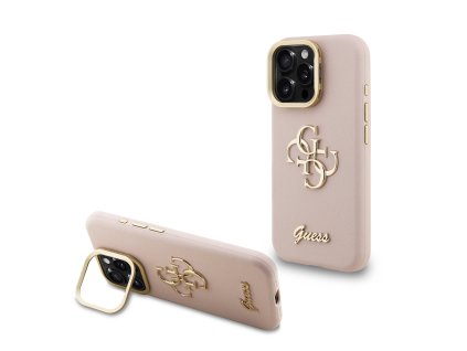 Guess PU Grained 4G Logo Stand Camera Frame Zadní Kryt pro iPhone 16 Pro Max Pink