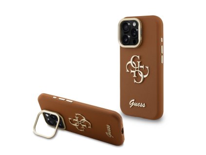 Guess PU Grained 4G Logo Stand Camera Frame Zadní Kryt pro iPhone 16 Pro Max Brown