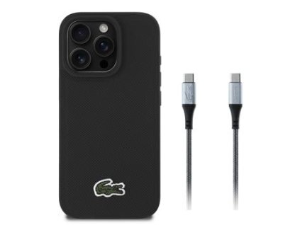 Lacoste Iconic Petit Pique Woven Logo MagSafe Zadní Kryt pro iPhone 16 Pro Black + USB-C/USB-C Datový Kabel