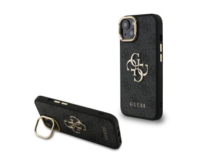 Guess PU 4G Metal Logo Stand Camera Frame Zadní Kryt pro iPhone 14 Black