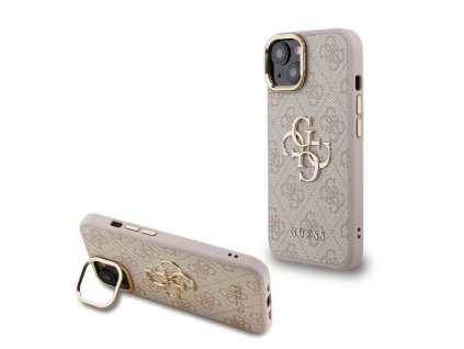 Guess PU 4G Metal Logo Stand Camera Frame Zadní Kryt pro iPhone 14 Pink