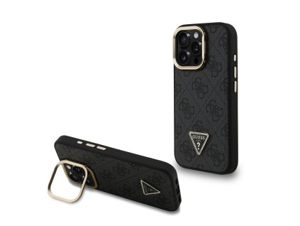 Guess PU 4G Strass Triangle Logo Stand Camera Frame MagSafe Zadní Kryt pro iPhone 15 Pro Max Black