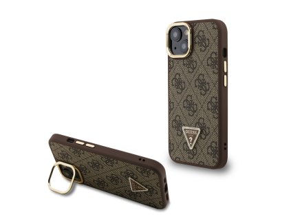 Guess PU 4G Strass Triangle Logo Stand Camera Frame MagSafe Zadní Kryt pro iPhone 14 Brown