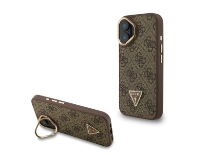 Guess PU 4G Strass Triangle Logo Stand Camera Frame MagSafe Zadní Kryt pro iPhone 16 Brown