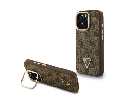 Guess PU 4G Strass Triangle Logo Stand Camera Frame MagSafe Zadní Kryt pro iPhone 16 Pro Max Brown