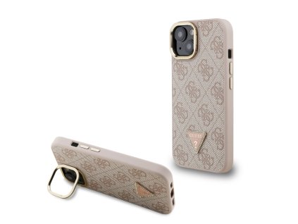 Guess PU 4G Strass Triangle Logo Stand Camera Frame MagSafe Zadní Kryt pro iPhone 15 Pink