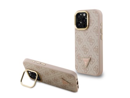 Guess PU 4G Strass Triangle Logo Stand Camera Frame MagSafe Zadní Kryt pro iPhone 15 Pro Max Pink