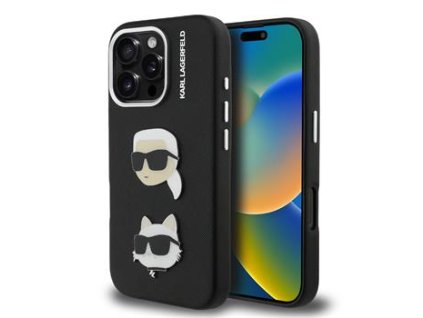 Karl Lagerfeld Grained PU K&CH Heads Zadní Kryt pro iPhone 16 Pro Black