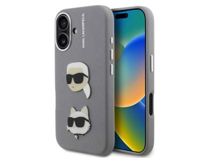 Karl Lagerfeld Grained PU K&CH Heads Zadní Kryt pro iPhone 16 Grey