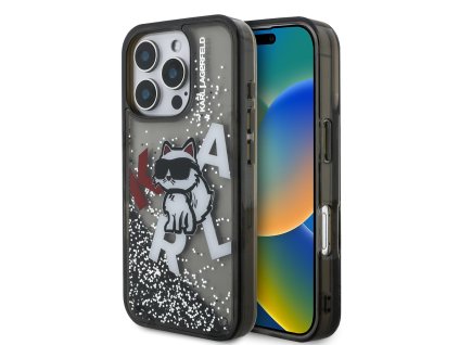 Karl Lagerfeld Liquid Glitter Scattered Choupette Zadní Kryt pro iPhone 16 Pro Black