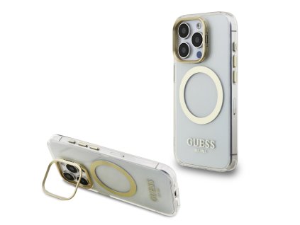 Guess IML Gold Outline Stand Camera Frame MagSafe Zadní Kryt pro iPhone 15 Pro Transparent
