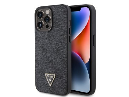 Guess PU 4G Strass Triangle Metal Logo Zadní Kryt pro iPhone 15 Pro Max Black