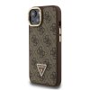 Guess PU 4G Strass Triangle Logo Stand Camera Frame MagSafe Zadní Kryt pro iPhone 15 Brown