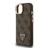 Guess PU 4G Strass Triangle Logo Stand Camera Frame MagSafe Zadní Kryt pro iPhone 15 Brown