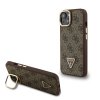 Guess PU 4G Strass Triangle Logo Stand Camera Frame MagSafe Zadní Kryt pro iPhone 15 Brown
