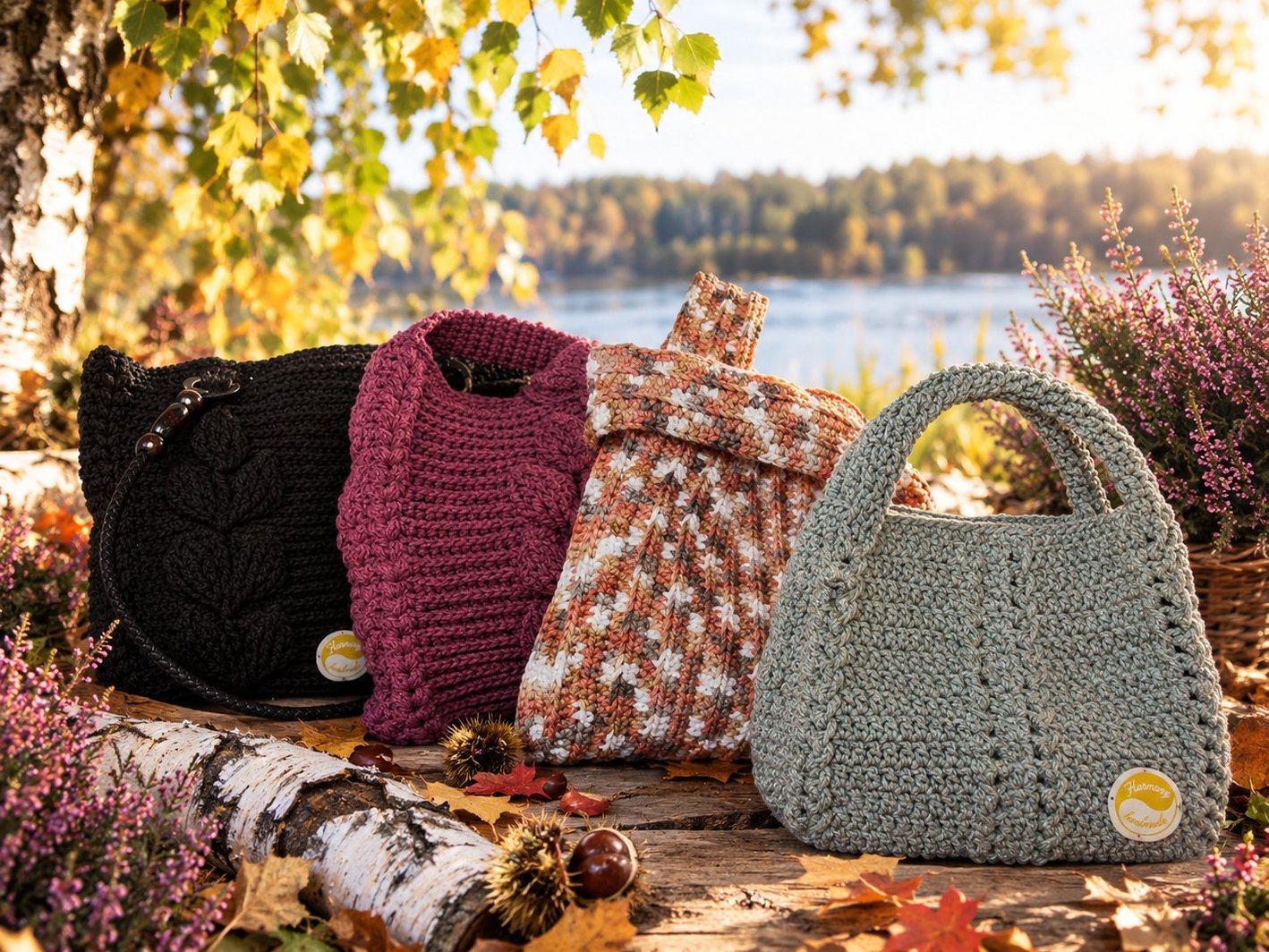 Podzimní kolekce háčkovaných kabelek Harmony handmade – Kaštan, Vřes, Bříza a Drátovec