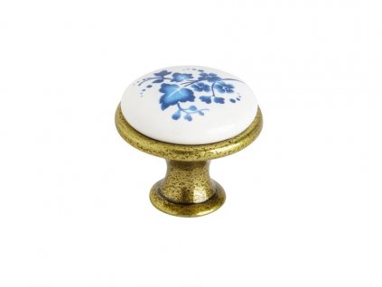 Nábytková knopka SIMON staromosaz/porcelán bílý s modrými kvítky