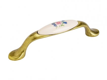 Nábytková úchytka DIVERA II staromosaz/porcelán s kvítkem