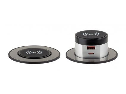 PowerUp 1x USB A/C nabíječka + bezdrátová nabíječka imitace nerezi