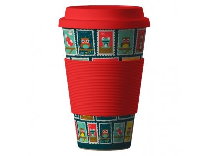 Bamboo Cup 400ml - Postmarks red