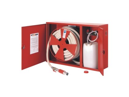 Nástenný hydrant penotvorný s tvarovo stálou hadicou D25 -30bm – plné dvierka – ľavé prevedenie