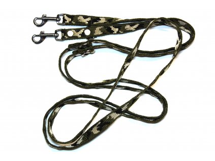 Prepínacie dvojvodítko pre psa, zelený maskáč, 1,2m x 1,5cm