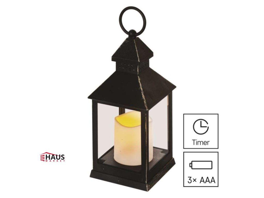 LED dekorácia – lampáš antik čierna blikajúca, 3x AAA, vnútorný, vintage, časovač