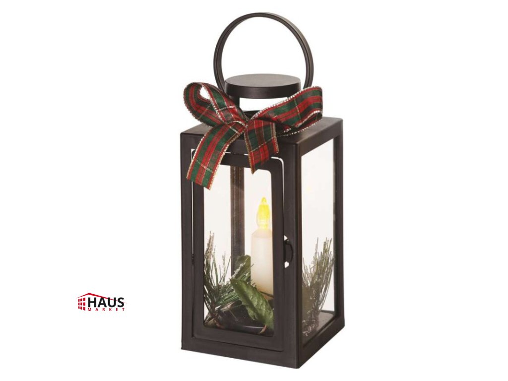 LED dekorácia – vianočný lampáš so sviečkou čierny, 20 cm, 3x AAA, vnútorný, vintage