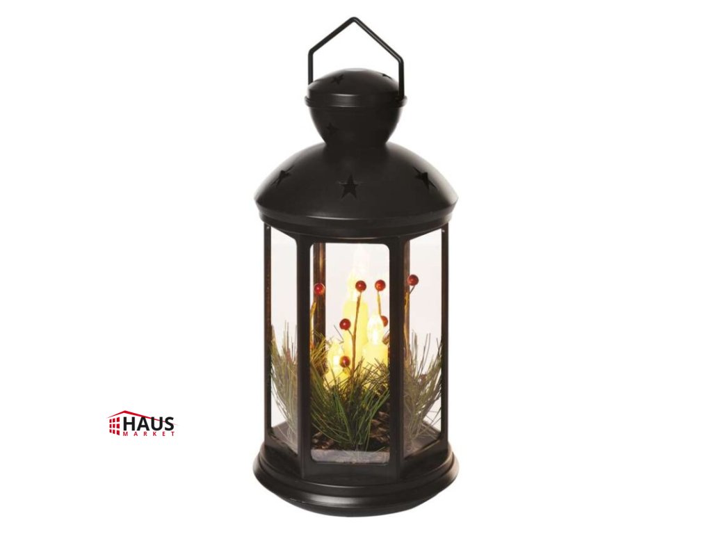 LED dekorácia – vianočný lampáš so sviečkami čierny, 35,5 cm, 3x C, vnútorný, vintage