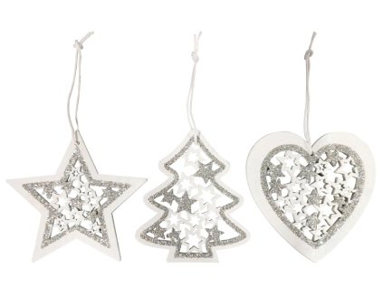 ozdoby drevené biele s glitrem 9ks/7,5cm mix 8886262