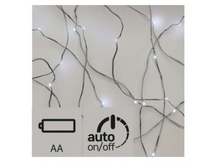 LED vánoční nano řetěz stříbrný, 0,9m, 2×AA, studená b.,čas.