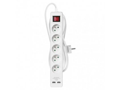 Prodlužovací kabel s vypínačem – 5 zásuvek, 3m, bílý, 2× USB