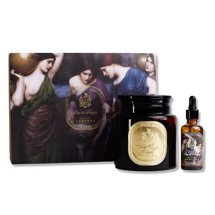 Hnědá sklěněná prachovnice se zlatou etiketou, hnědá lahvička s kapátkem s parfémem a papírová krabička s motivem žen na bílém pozadí.