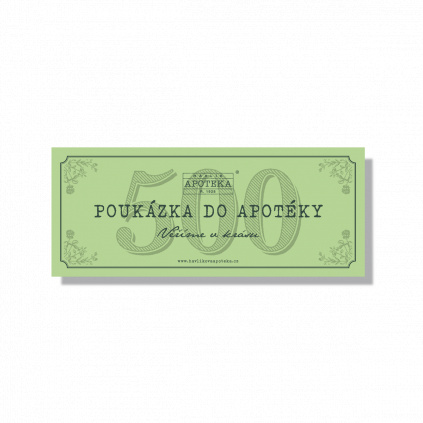 Světle zelená papírová dárková poukázka do Havlíkovy přírodní apotéky v hodnotě 500 Kč na bílém pozadí.