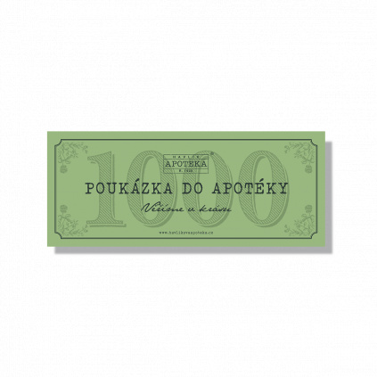 Světle zelená papírová dárková poukázka do Havlíkovy přírodní apotéky v hodnotě 1000 Kč na bílém pozadí.