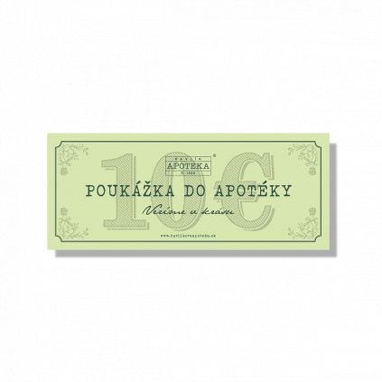 Světle zelená papírová dárková poukázka do Havlíkovy přírodní apotéky v hodnotě 10 Euro na bílém pozadí.