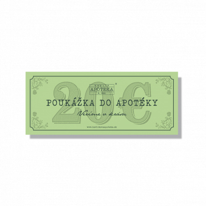 Světle zelená papírová dárková poukázka do Havlíkovy přírodní apotéky v hodnotě 20 Euro na bílém pozadí.