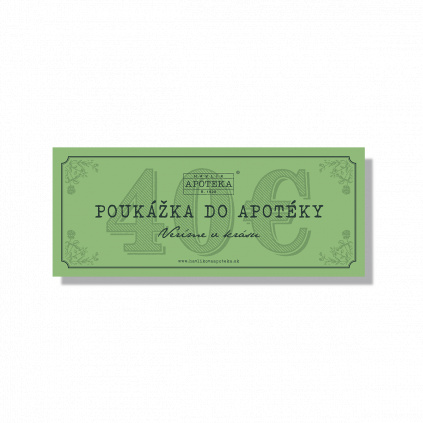 Světle zelená papírová dárková poukázka do Havlíkovy přírodní apotéky v hodnotě 40 Euro na bílém pozadí.