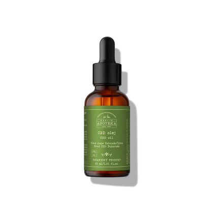 Malá hnědá 30 ml skleněná lahvička s černým kapátem a tmavě zelenou etiketou s CBD pleťovým olejem.