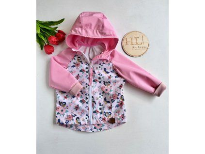 LETNÍ softshellová bunda vel. 80/86 PTÁČCI/RŮŽOVÁ