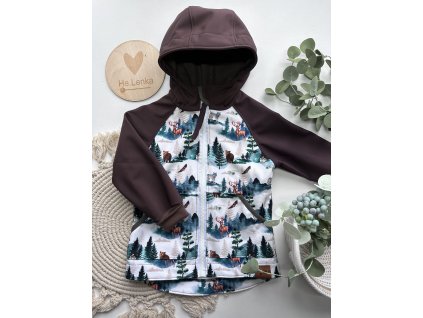 Softshellová bunda vel. 92/98 HNĚDÁ/LESNÍ ZVÍŘATA