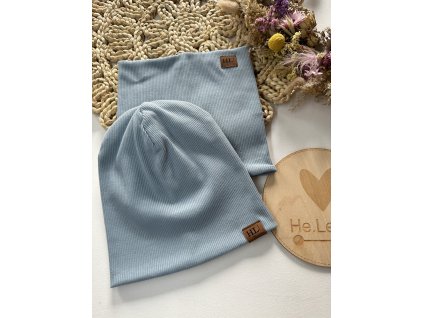 Čepice + nákrčník, obvod hlavy 51-54cm ZAPRÁŠENÁ MODRÁ