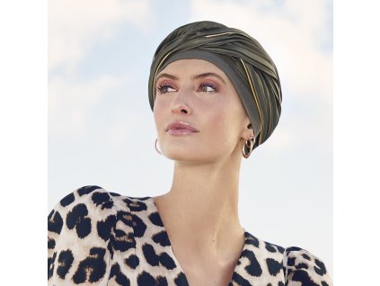 Turban Viva Emmy, vzor Olive w/Gold Piping