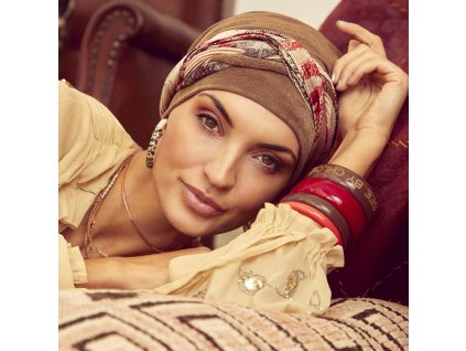 Turban Christine Boho Scarlett, vzor Caramel / Flowerpot Mix